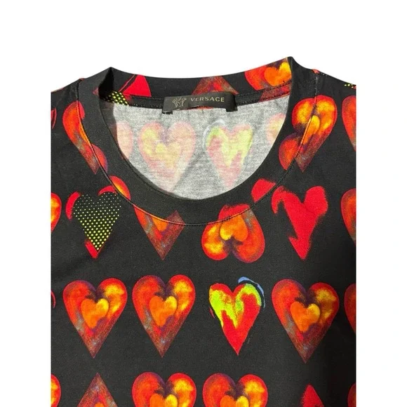 sz XSNEW $650 VERSACE Mens Black Cotton ‎ HEART RUNWAY PRINT Crew Neck T-SHIRT